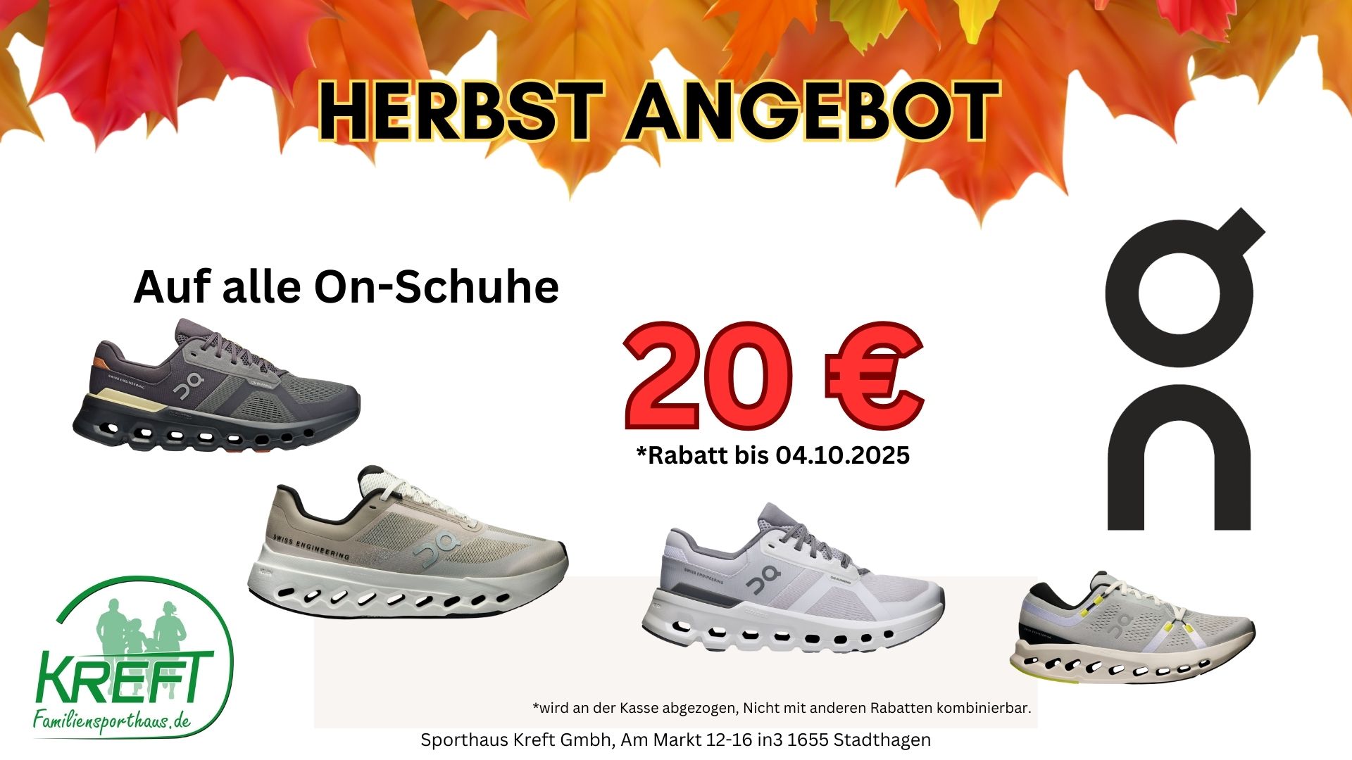 20 Euro Rabatt beim Kauf eines Paar On Schuhe. Gültig bis 04.10.2025